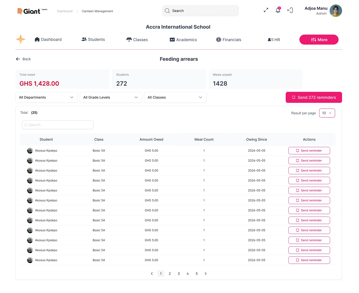 Arrears, with no money taken on this screen. The only outlet is a reminder to the guardian, one at a time from the row or in bulk from the header, so a collector can never quietly settle old debt at the counter.