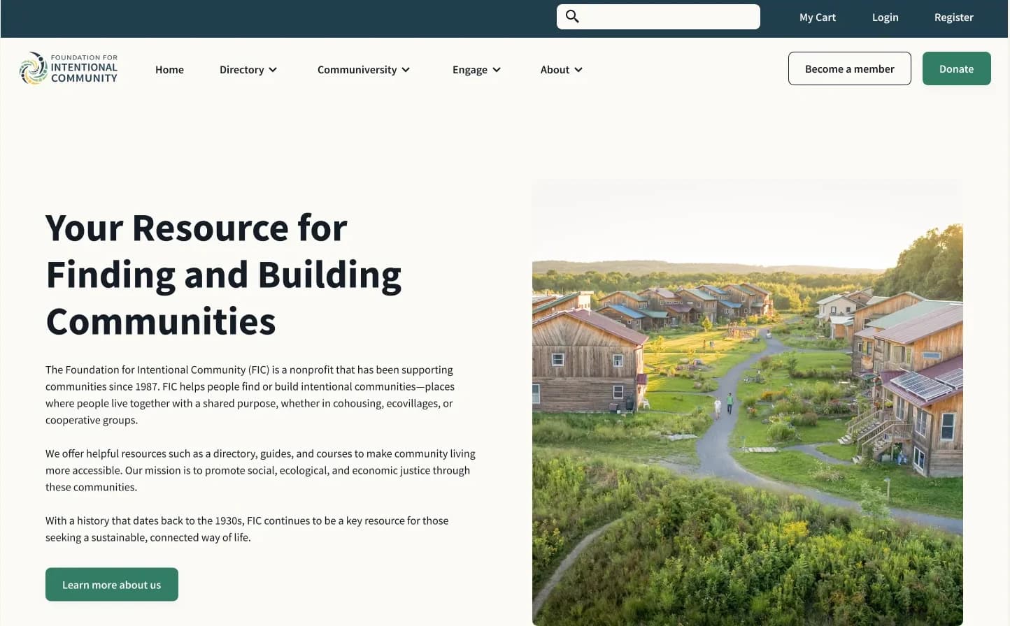 The rebuilt homepage hero. It answers what FIC is and what an intentional community means before asking for anything, which is the thing the old page never did.