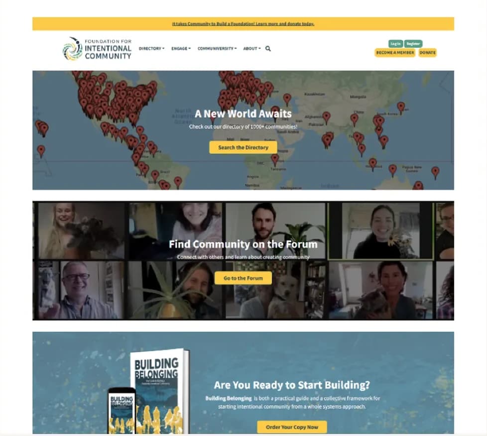 Before: The old homepage. A map hero promising a new world, a wall of video-call thumbnails, a book promotion. Three full-bleed bands and not one sentence saying what the organisation is or what an intentional community means.
