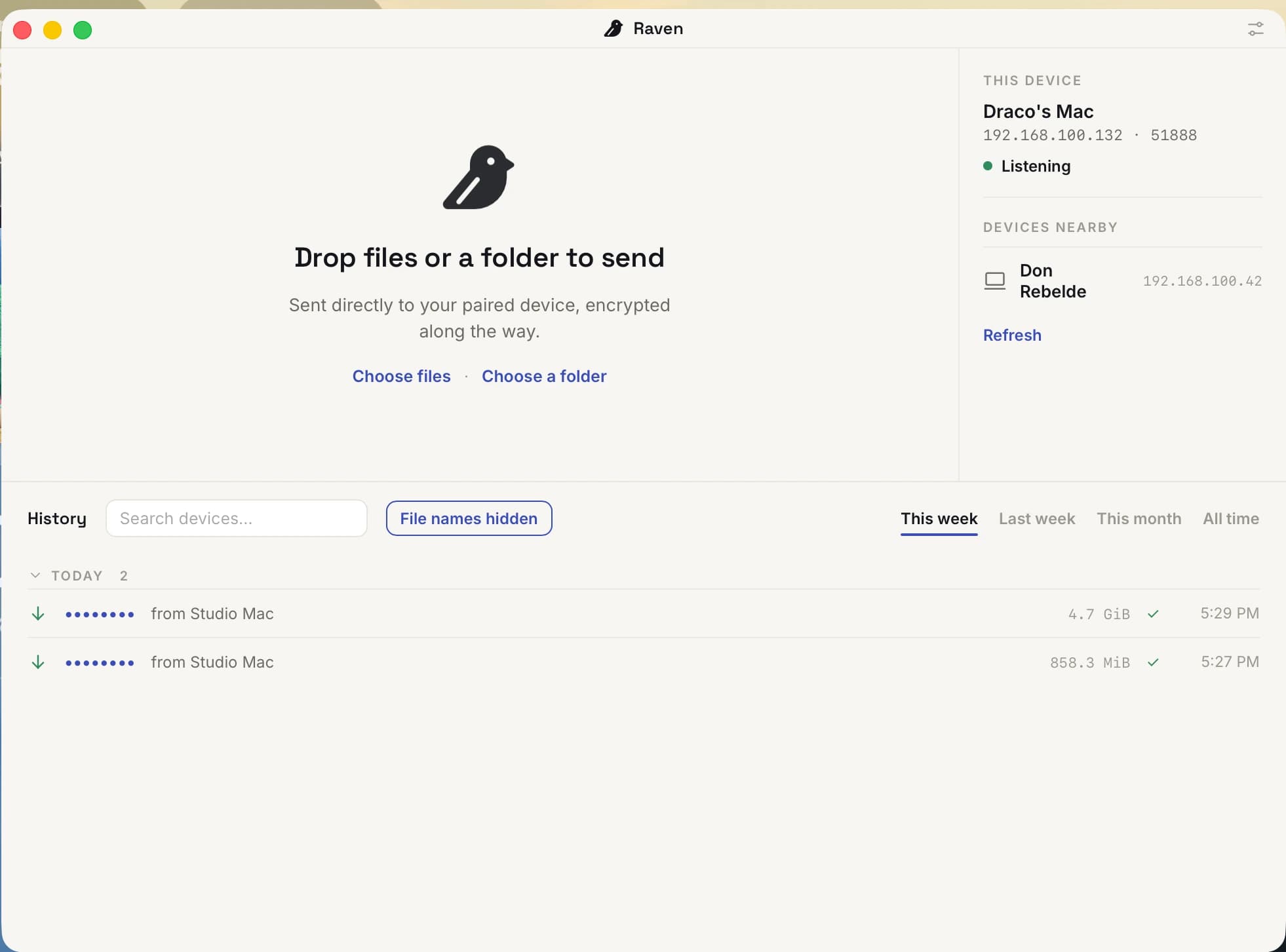 The shipped app. One window: a drop stage, a rail naming this device and the devices it can see, and a full width history with search and a control that masks file names.