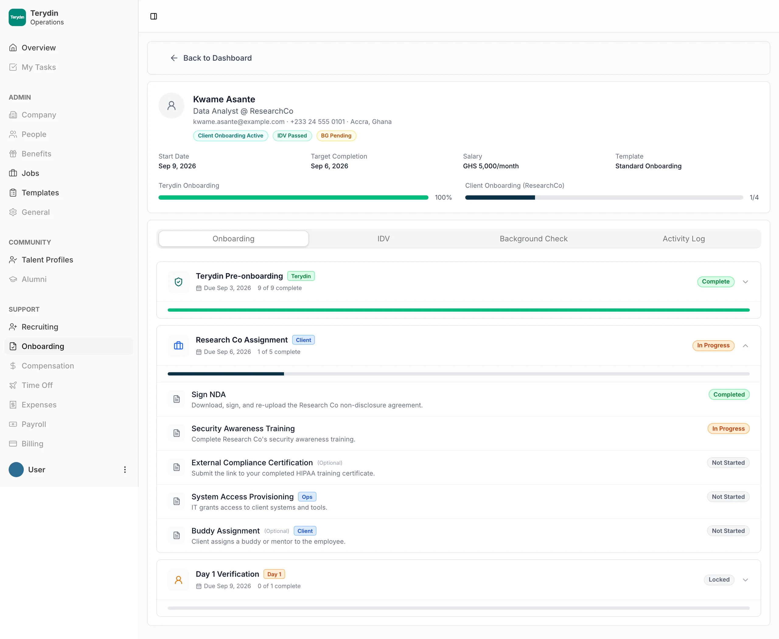 Terydin pre-onboarding complete, client assignment in progress, Day 1 verification last and locked behind it. The phase that used to hold the sequence up now sits at the end of it.