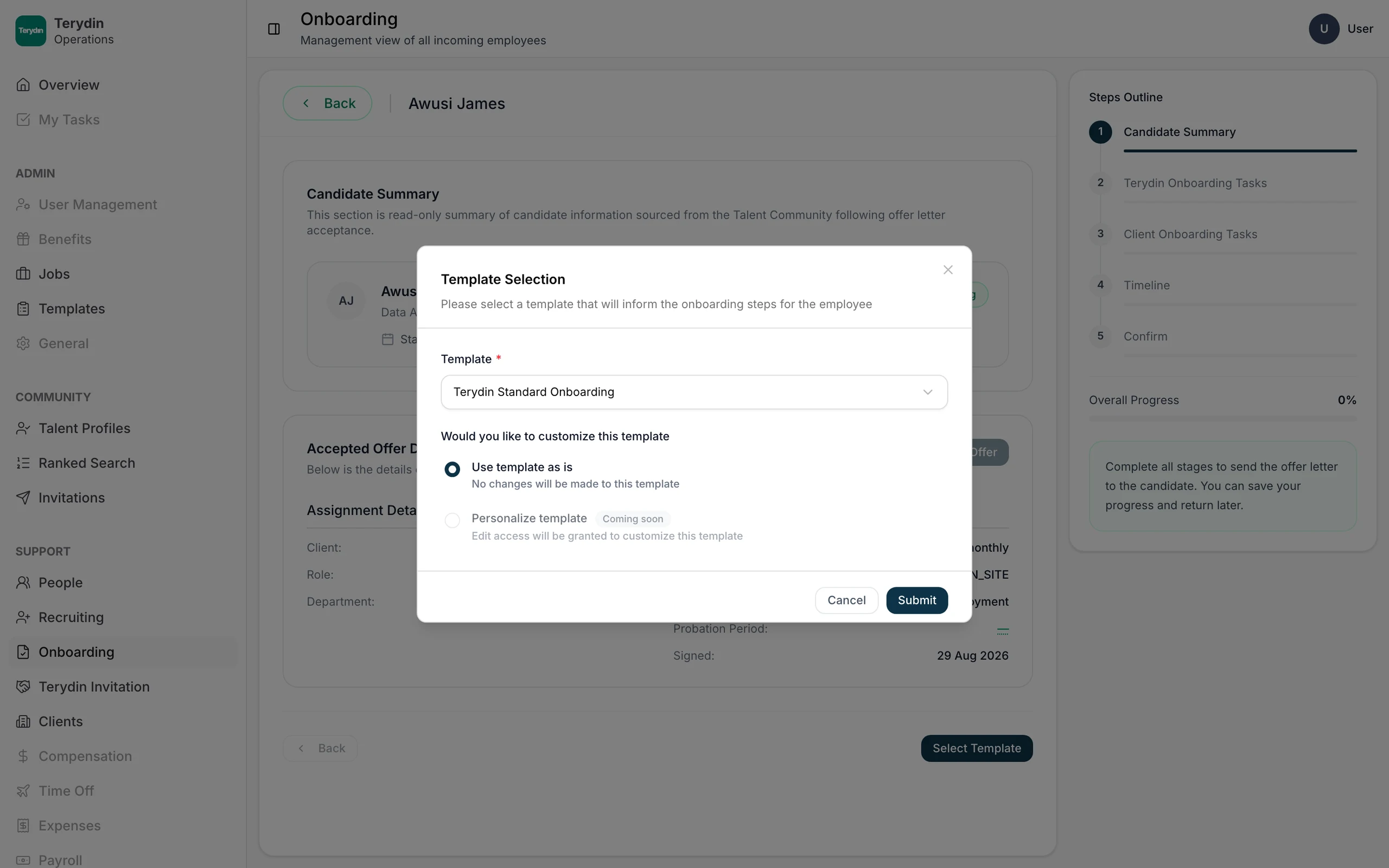 Before: Template Selection. One dropdown, one template for this phase, and a choice between Use template as is, selected, and Personalize template, disabled and labelled Coming soon.