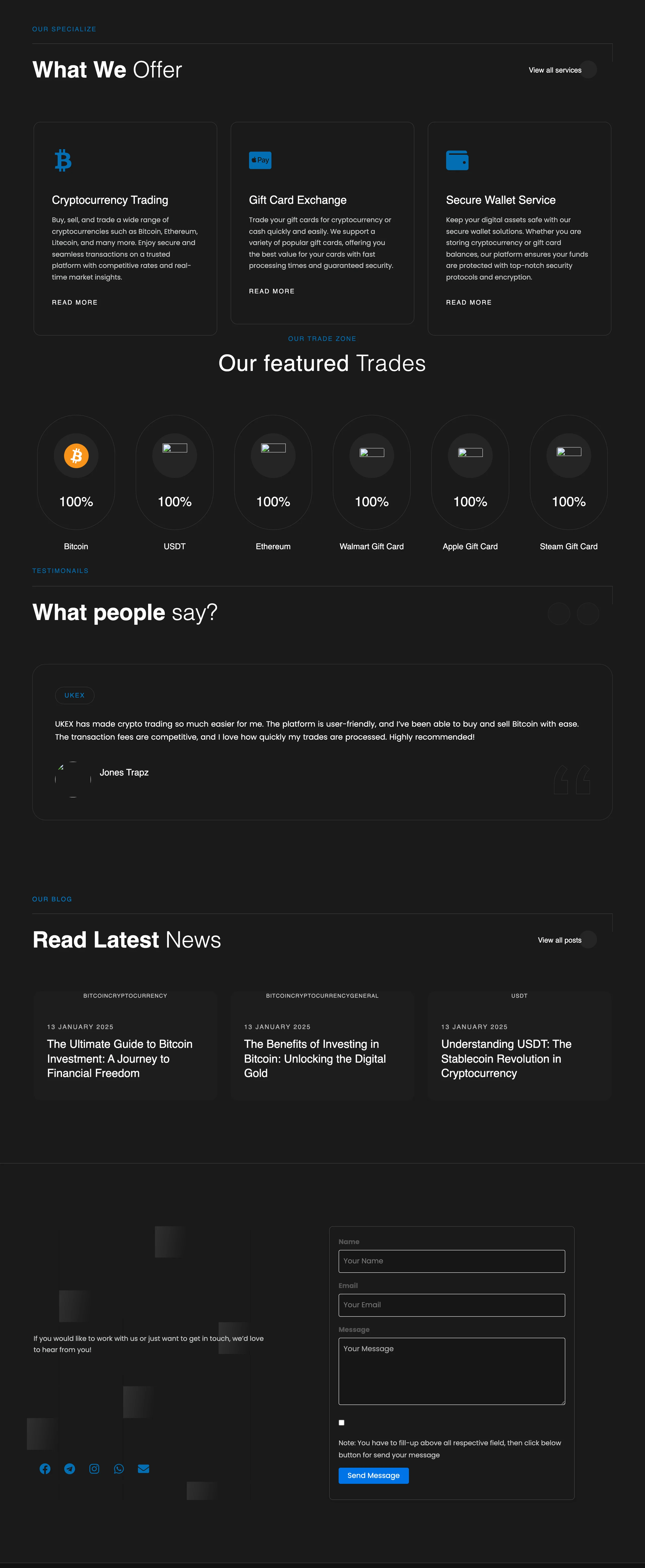 Below the fold: service cards, featured trades at 100 percent, testimonials, blog posts.